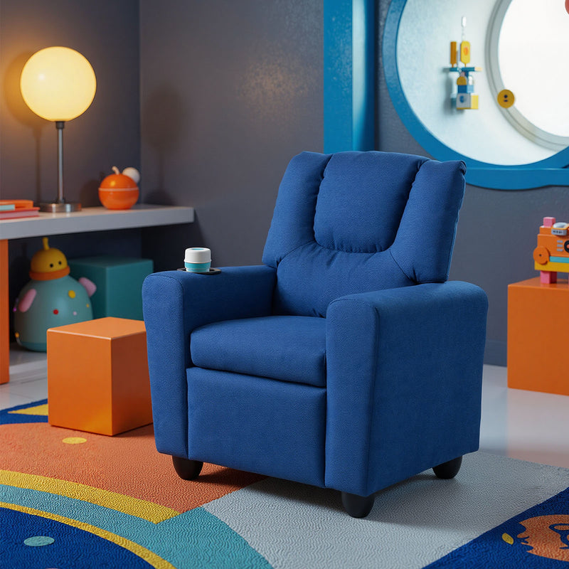 Kids Recliner Chair Push Back Toddler Reclining Armchair with Cup Holder-Blue