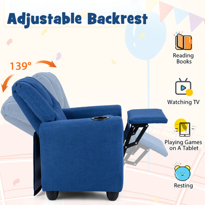 Kids Recliner Chair Push Back Toddler Reclining Armchair with Cup Holder-Blue
