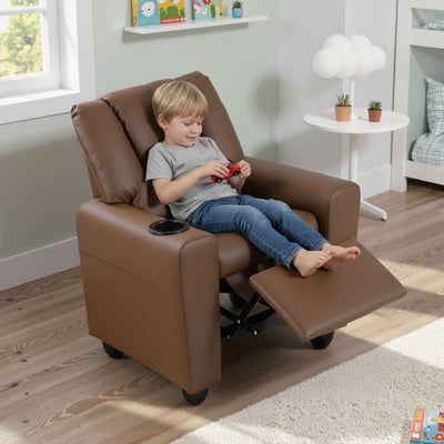 Kids Recliner Chair Push Back Toddler Reclining Armchair with Cup Holder-Brown