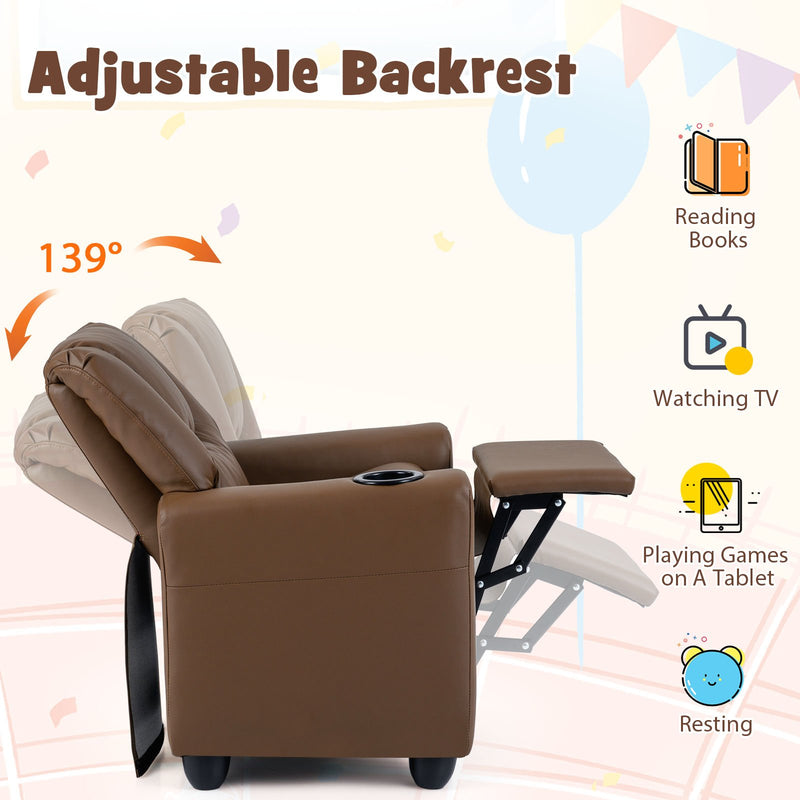 Kids Recliner Chair Push Back Toddler Reclining Armchair with Cup Holder-Brown