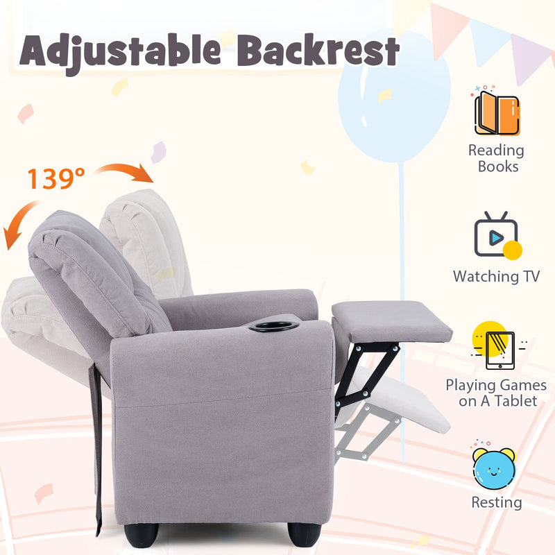 Kids Recliner Chair Push Back Toddler Reclining Armchair with Cup Holder-Grey