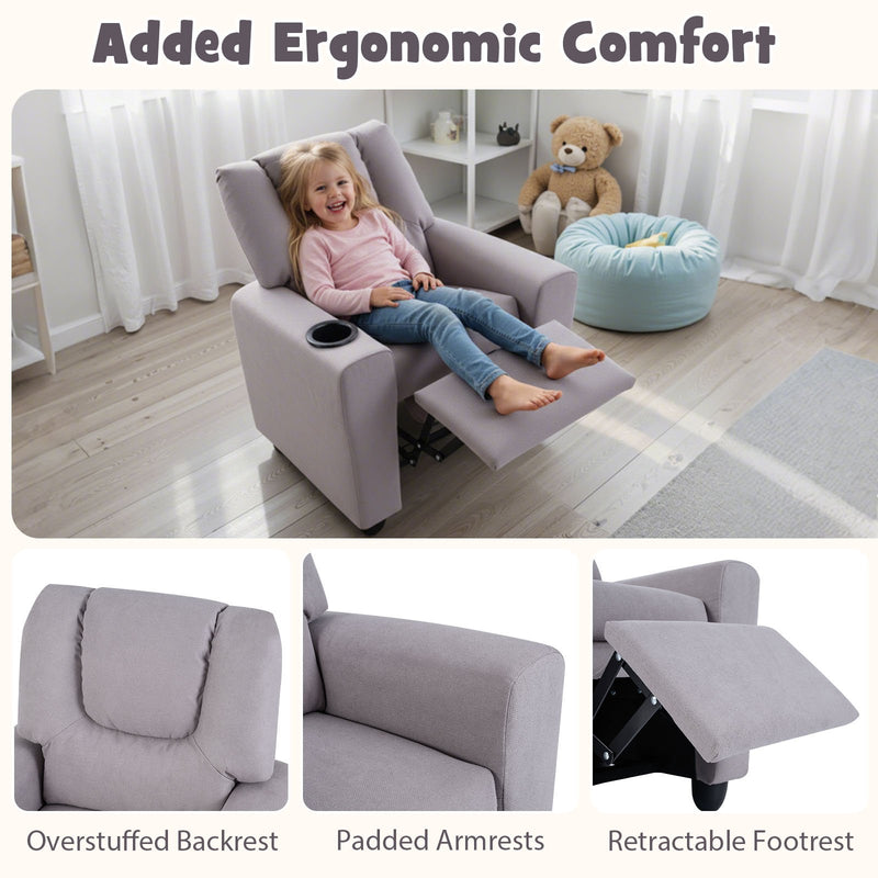 Kids Recliner Chair Push Back Toddler Reclining Armchair with Cup Holder-Grey