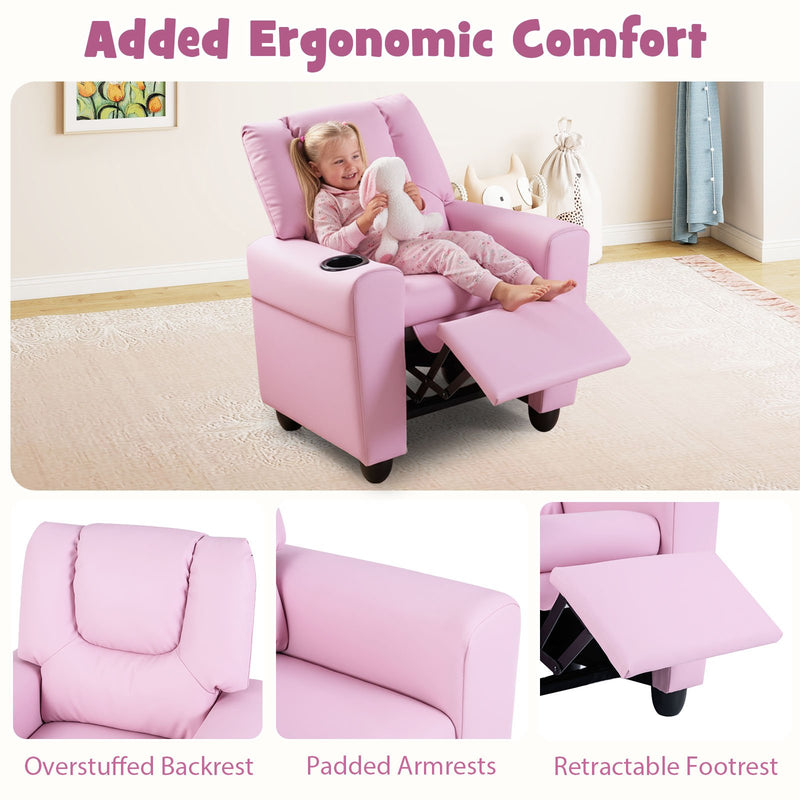 Kids Recliner Chair Push Back Toddler Reclining Armchair with Cup Holder-Pink