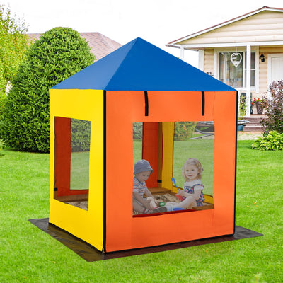 Kids Wooden Sandbox with Canopy Large Sand Pit with Mesh Windows and Bottom Liner-Multicolor