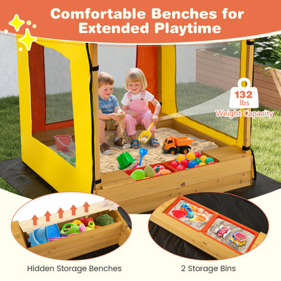 Kids Wooden Sandbox with Canopy Large Sand Pit with Mesh Windows and Bottom Liner-Multicolor