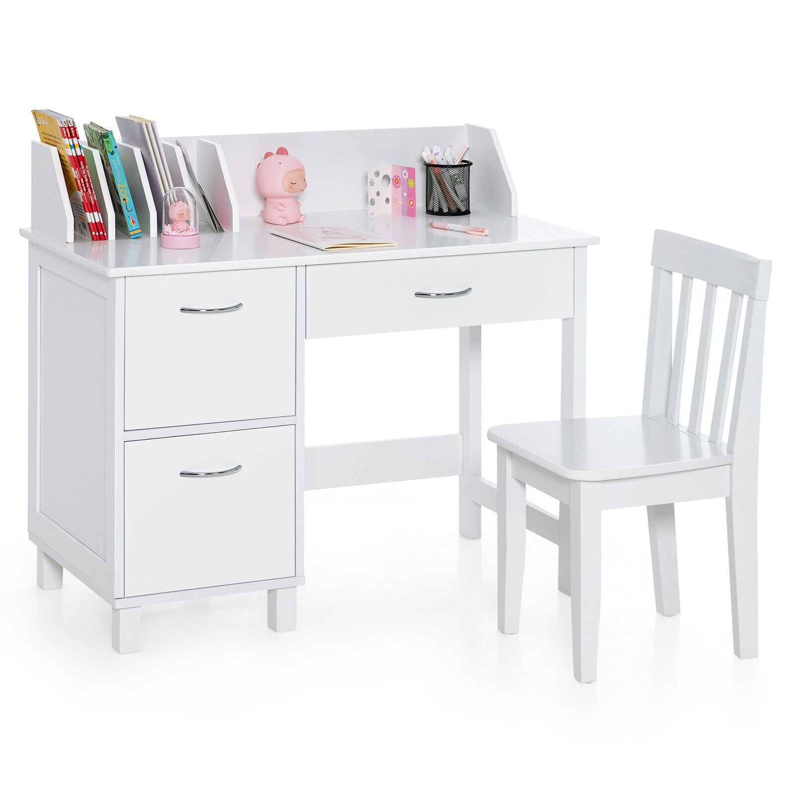 Kids Wooden Writing Furniture Set with Drawer and Storage Cabinet-Whit
