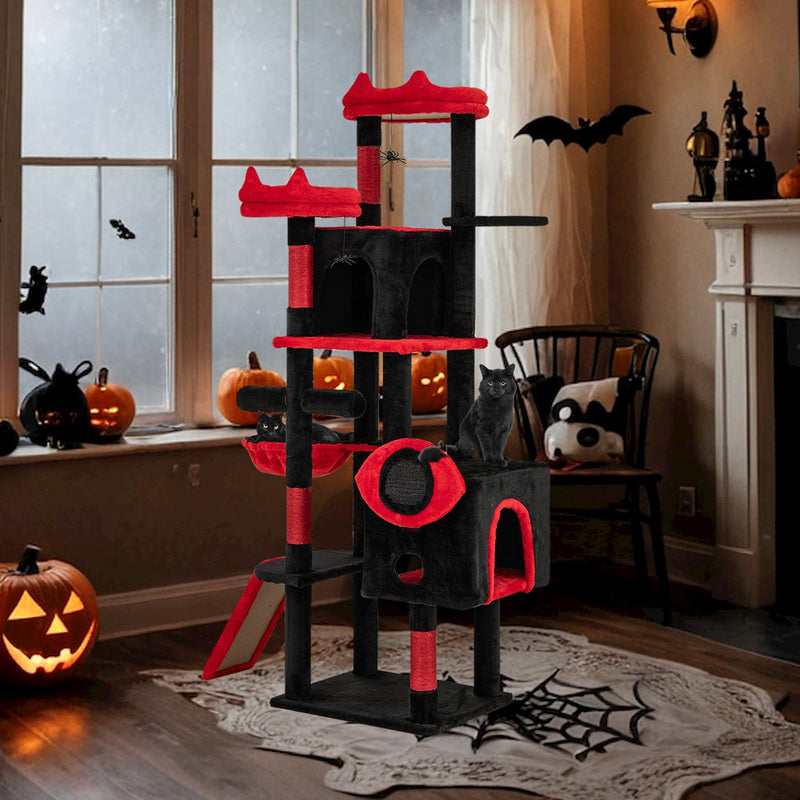Large Gothic Cat Tree with Cat Condos and Plush Perches-Black & Red
