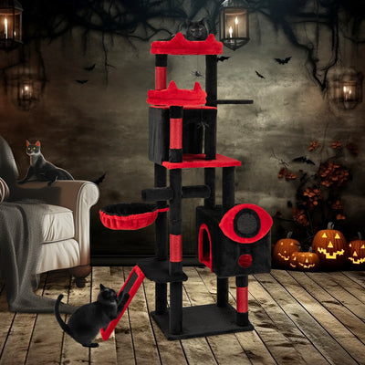 Large Gothic Cat Tree with Cat Condos and Plush Perches-Black & Red