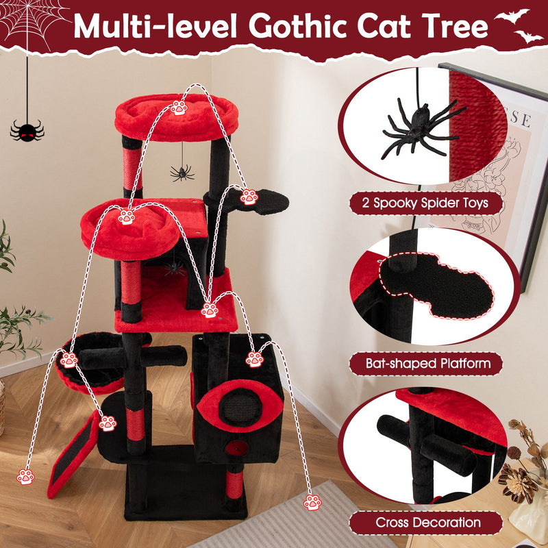 Large Gothic Cat Tree with Cat Condos and Plush Perches-Black & Red