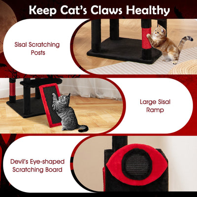 Large Gothic Cat Tree with Cat Condos and Plush Perches-Black & Red