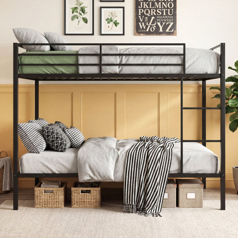Metal Bunk Bed Full Over Full with Length Safety Guardrail-Black