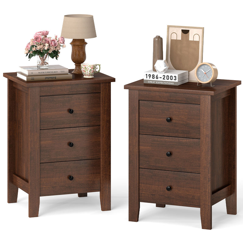 Set of 2 Nightstand End Beside Table Drawers-Walnut