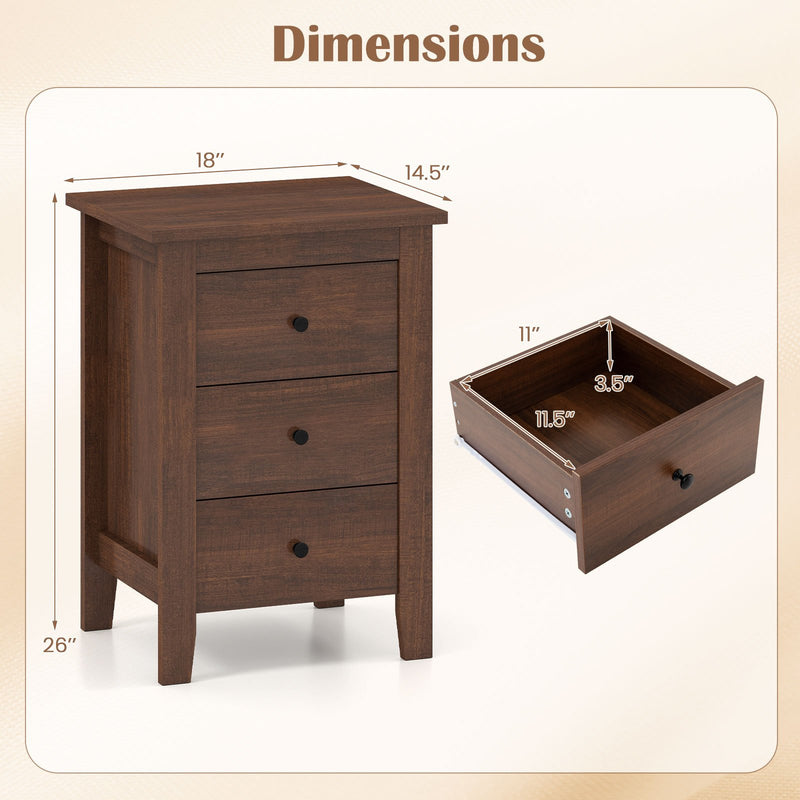 Set of 2 Nightstand End Beside Table Drawers-Walnut