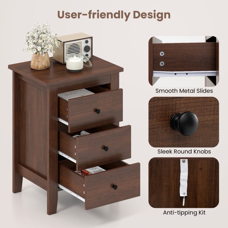 Modern Bedside Cabinet with 3 Drawers for Living Room and Bedroom-Walnut