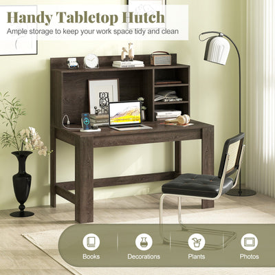 Modern Computer Desk with Hutch and Storage Shelves-Oak