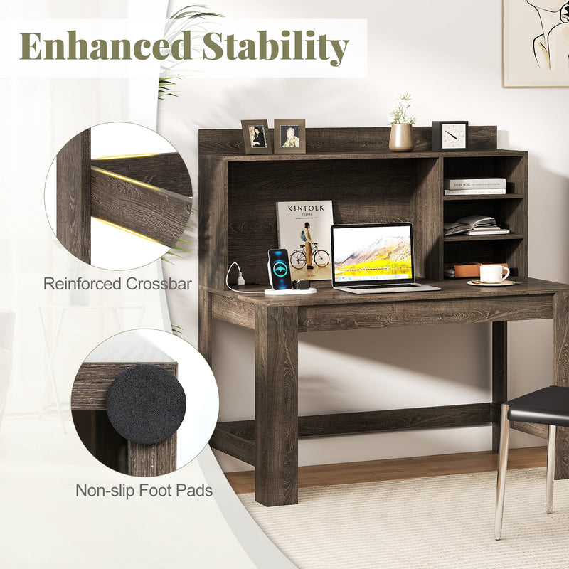 Modern Computer Desk with Hutch and Storage Shelves-Oak