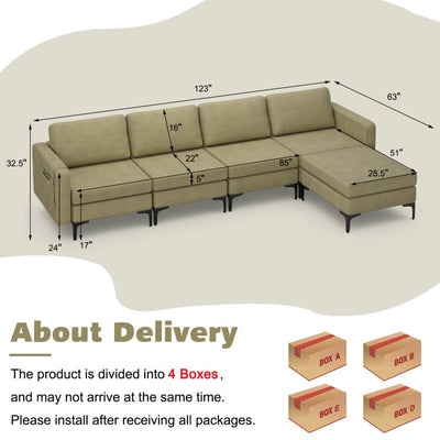 Modern Living Room Set: Modular L-shaped Sectional Sofa  Lift Top Coffee Table & 3-Globe Floor Lamp