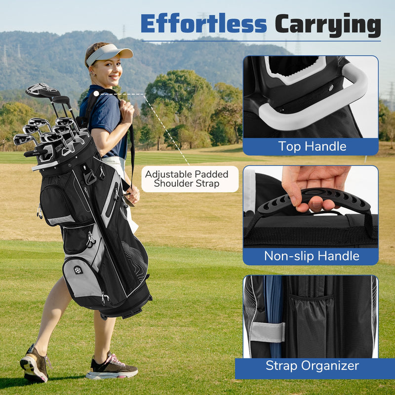 Molded Lock Top Golf Cart Bag with 14-Way Full Length Dividers and 11 Pockets-Gray