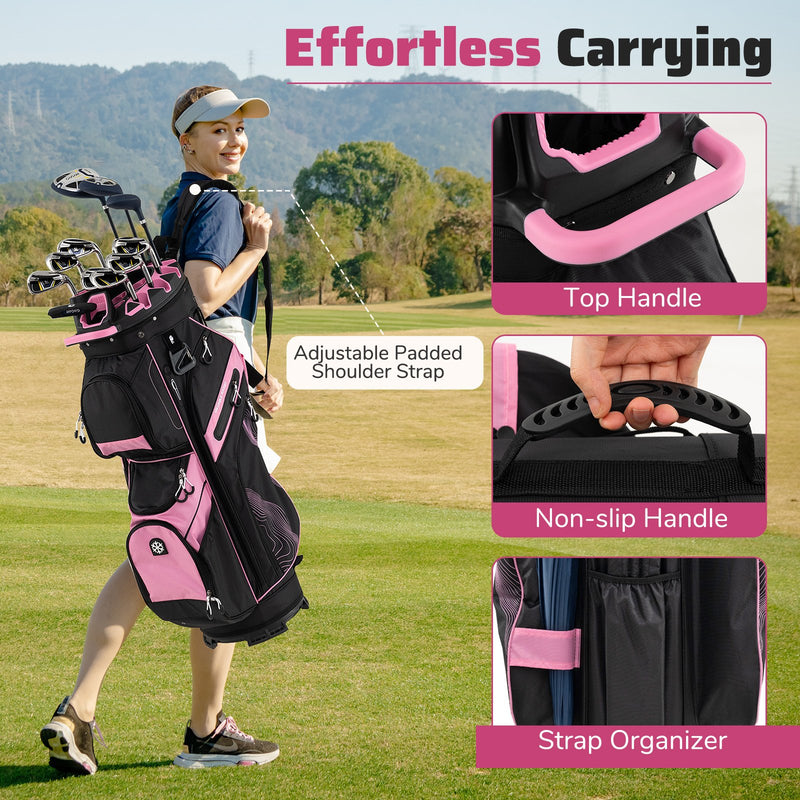 Molded Lock Top Golf Cart Bag with 14-Way Full Length Dividers and 11 Pockets-Pink