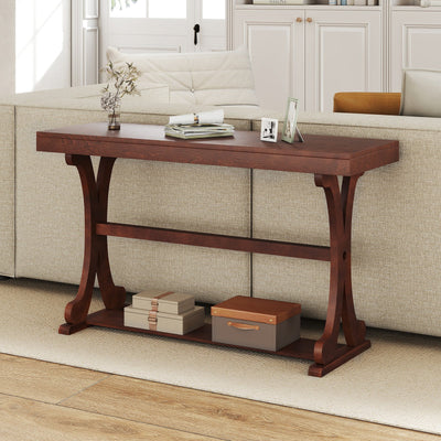 Narrow Console Table Vintage 52 Inch Long with Open Storage Shelf-Walnut