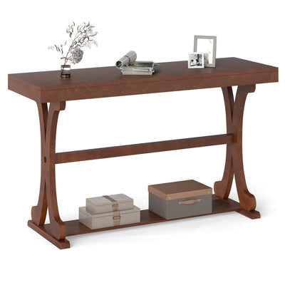 Narrow Console Table Vintage 52 Inch Long with Open Storage Shelf-Walnut