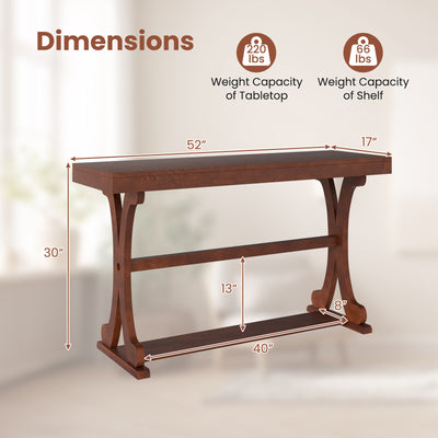 Narrow Console Table Vintage 52 Inch Long with Open Storage Shelf-Walnut