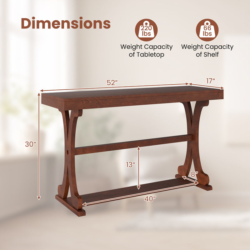 Narrow Console Table Vintage 52 Inch Long with Open Storage Shelf-Walnut