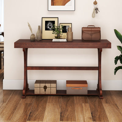 Narrow Console Table Vintage 52 Inch Long with Open Storage Shelf-Walnut