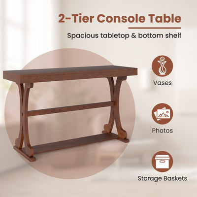 Narrow Console Table Vintage 52 Inch Long with Open Storage Shelf-Walnut