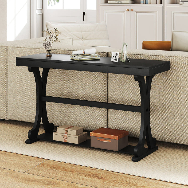Narrow Console Table Vintage 52 Inch Long with Open Storage Shelf-Black