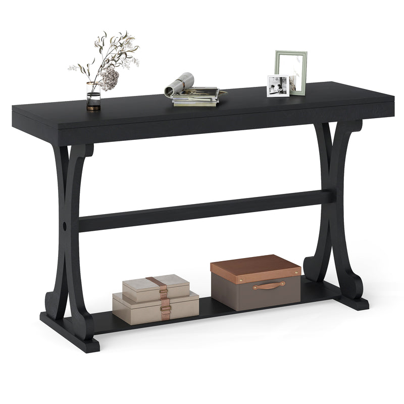 Narrow Console Table Vintage 52 Inch Long with Open Storage Shelf-Black