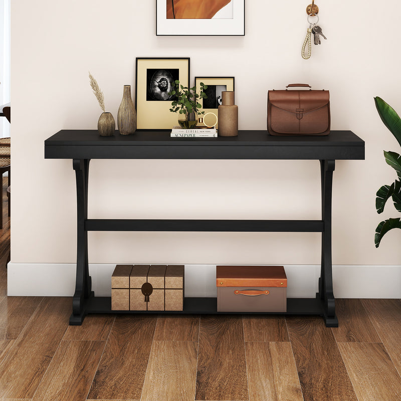 Narrow Console Table Vintage 52 Inch Long with Open Storage Shelf-Black