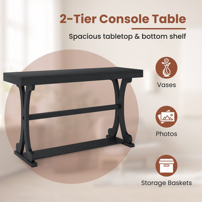 Narrow Console Table Vintage 52 Inch Long with Open Storage Shelf-Black
