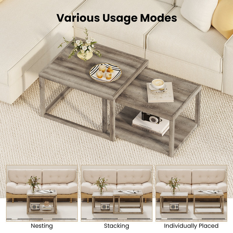 Nesting Coffee Table Set of 2 Stackable Rectangular End Tables-Gray