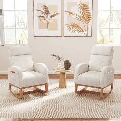 Nursery Rocking Chair Upholstered Chenille Rocker Armchair with Natural Rubber Wood Frame-Beige