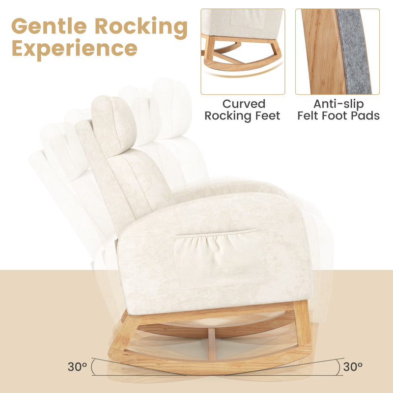 Nursery Rocking Chair Upholstered Chenille Rocker Armchair with Natural Rubber Wood Frame-Beige