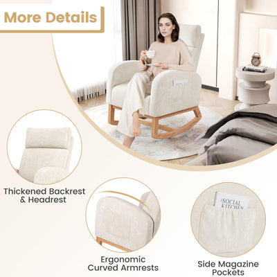 Nursery Rocking Chair Upholstered Chenille Rocker Armchair with Natural Rubber Wood Frame-Beige
