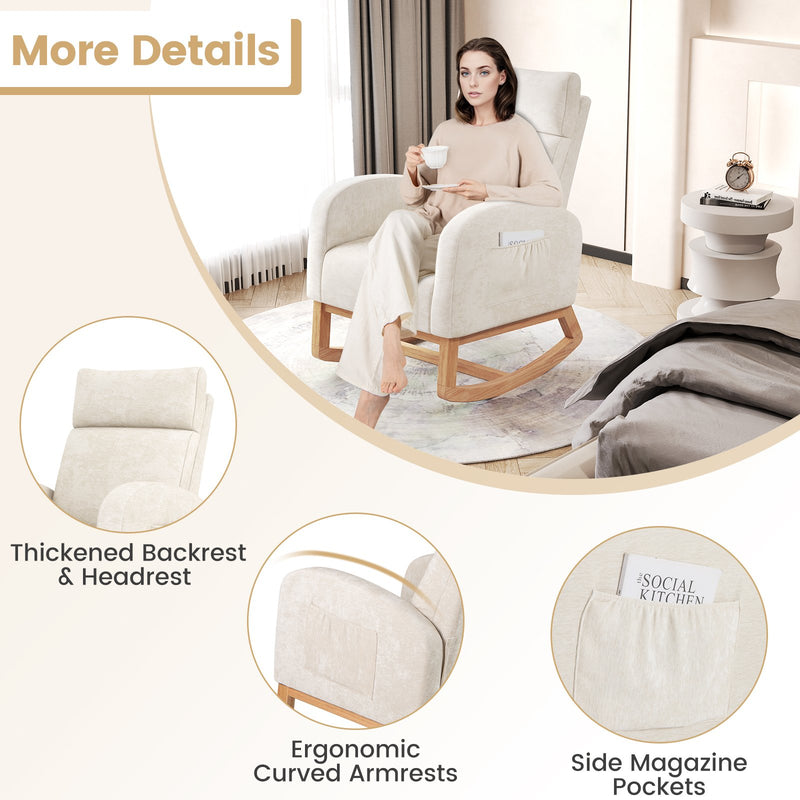 Nursery Rocking Chair Upholstered Chenille Rocker Armchair with Natural Rubber Wood Frame-Beige