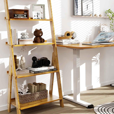 Office Set with 5-Tier Bamboo Ladder Shelf and Electric Standing Computer Desk