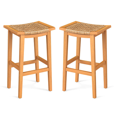 Outdoor Acacia Wood Bar Stools Set of 2 with PE Rattan Seats and Backrests