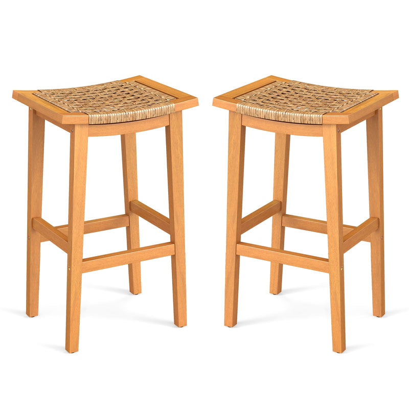 Outdoor Acacia Wood Bar Stools Set of 2 with PE Rattan Seats and Backrests