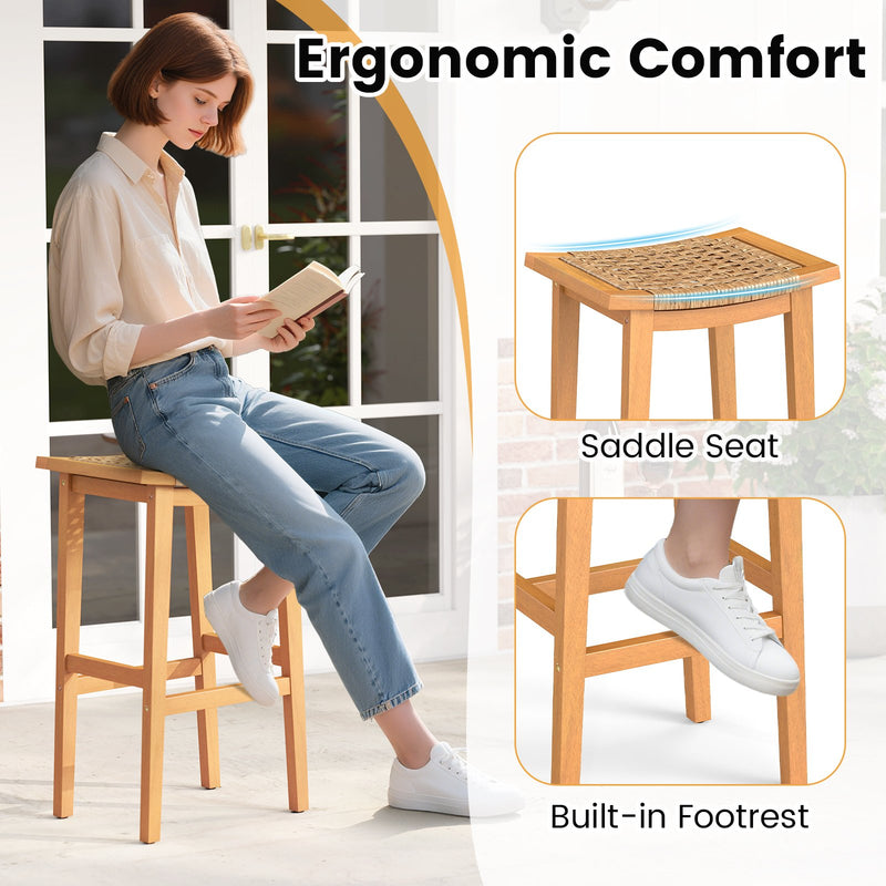 Outdoor Acacia Wood Bar Stools Set of 2 with PE Rattan Seats and Backrests