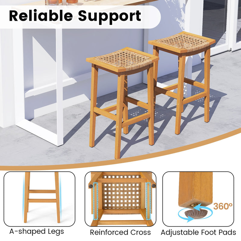 Outdoor Acacia Wood Bar Stools Set of 2 with PE Rattan Seats and Backrests