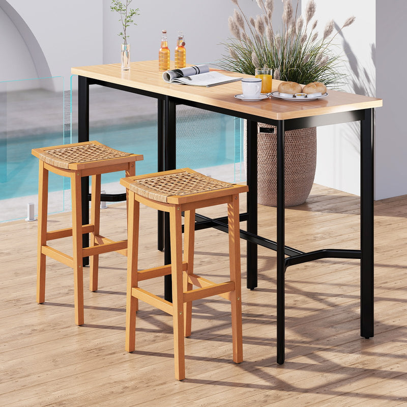 Outdoor Acacia Wood Bar Stools Set of 2 with PE Rattan Seats and Backrests