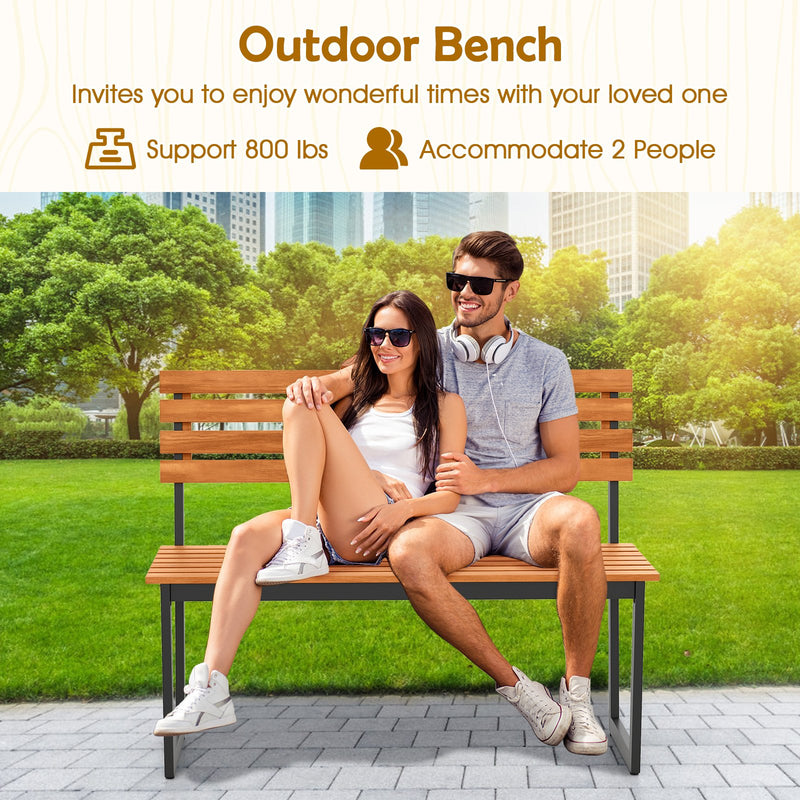 Outdoor Bench Acacia Wood Patio Loveseat with Backrest and Heavy Duty Metal Frame