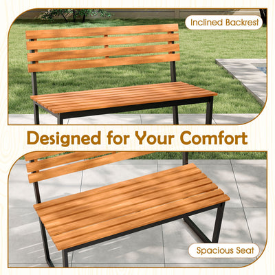 Outdoor Bench Acacia Wood Patio Loveseat with Backrest and Heavy Duty Metal Frame