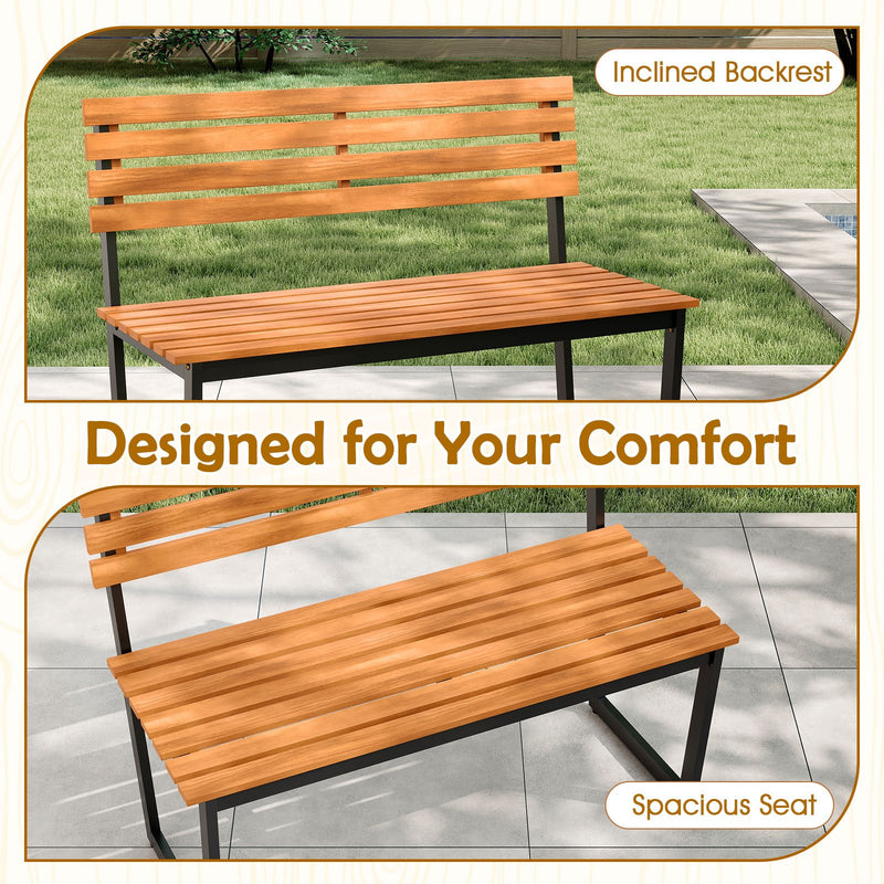 Outdoor Bench Acacia Wood Patio Loveseat with Backrest and Heavy Duty Metal Frame