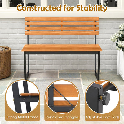 Outdoor Bench Acacia Wood Patio Loveseat with Backrest and Heavy Duty Metal Frame