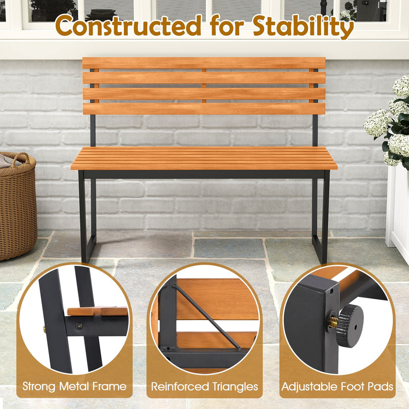 Outdoor Bench Acacia Wood Patio Loveseat with Backrest and Heavy Duty Metal Frame