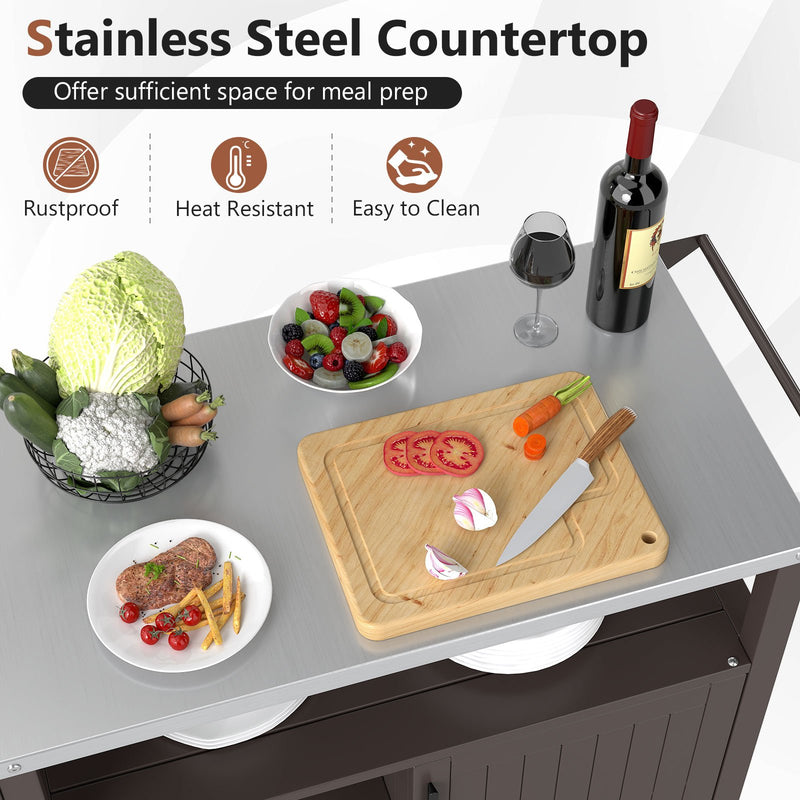 Outdoor Grill Cart with Storage Cabinet Shelves and Stainless Steel Top-Brown